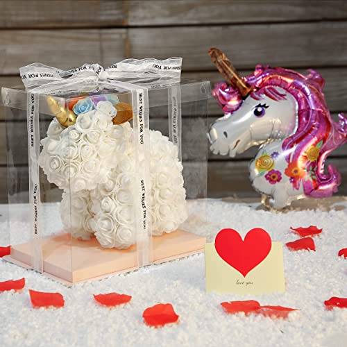 U UQUI Valentine's Day Rose Bear for Girlfriend, Rose Unicorn Gifts for Women and Romantic Gifts for Her with Balloons, Handmade Upgraded Rose Bear for Decorations Anniversary, White