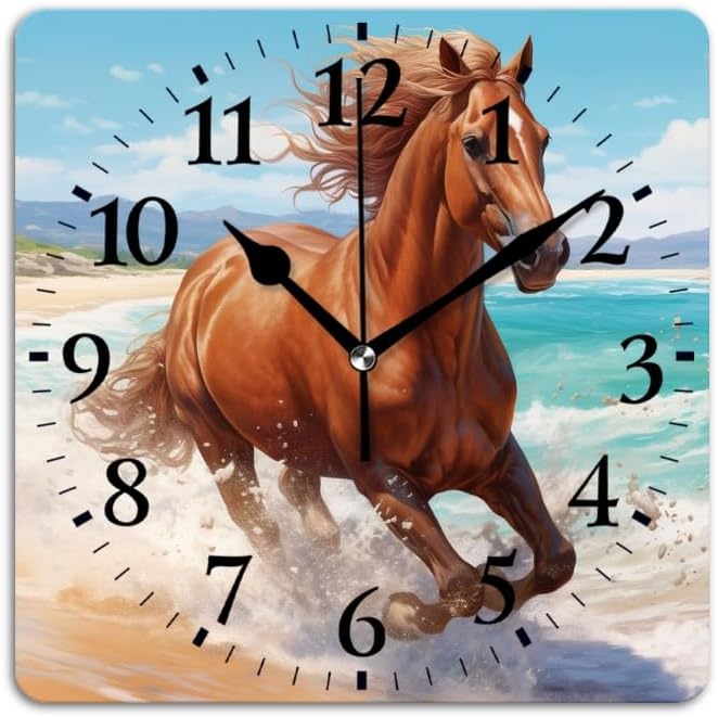 Battery Operated Wall Clocks Horse Running Beside Beach in Summer Silent Non-Ticking Decor Clock with Photo for Bathroom,Office(12inch)