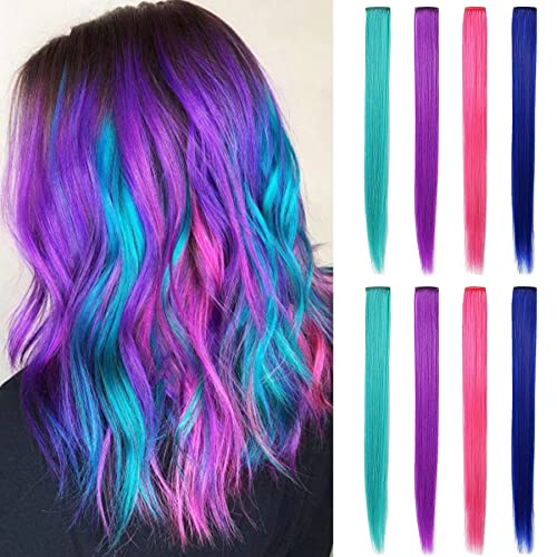 Huanling 8 Pcs Colored Hair Extensions 21 Inch Colored Party Highlights Straight Heat-Resistant Synthetic Hairpieces Clip In Halloween Hair Accessories For Girls(Pink Purple Blue Teal) #TOP2