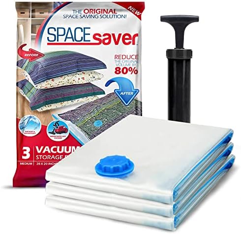 Spacesaver Premium Vacuum Storage Bags. 80% More Storage! Hand-Pump for Travel! Double-Zip Seal and Triple Seal Turbo-Valve for Max Space Saving! (Small 3 Pack)