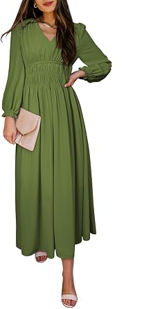BLENCOT Womens Casual Long Sleeve Tiered V Neck Dress Pleat Ruched Ruffled Dress Solid Color Flowy Swing Midi Long Dresses
