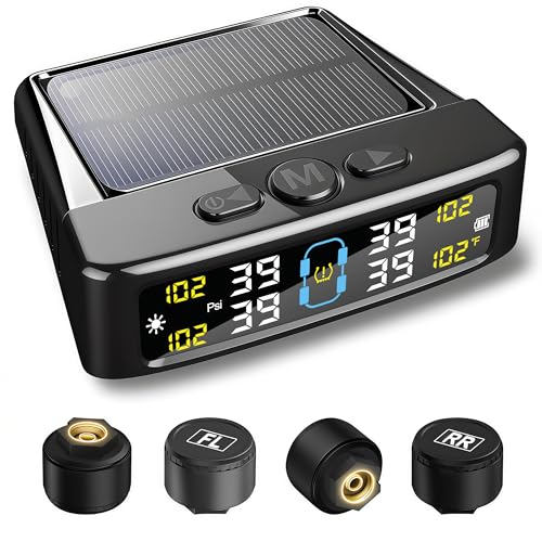 Tire Pressure Monitoring System, TPMS with Solar & USB Charge, Tire Pressure Monitor System with 4 External sensors & 6 Alarm Modes, Color LCD Display TPMS with Auto Sleep for Car, Sedan, SUV, VAN, RV