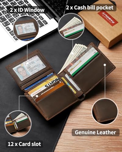 Image of Artpaxy Mens Wallet Genuine Leather Bifold RFID Blocking Wallet for Men with 2 ID Windows 12 Card Holders 2 cash pockets 1 Gift Box