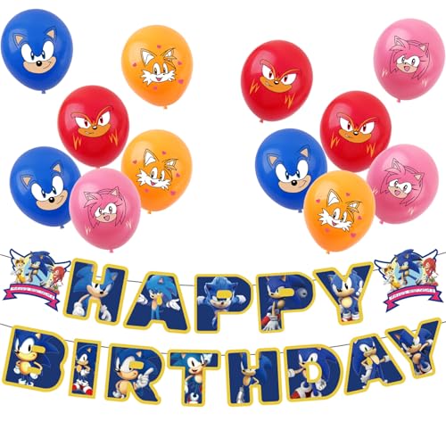 Sonic Birthday Decorations Cartoon Sonic Party Pack with 1pcs Happy Birthday Sonics Banner and 12pcs 12inch Balloons for Kids Girls Boys So-nic Decorations So-nic Party Supplies