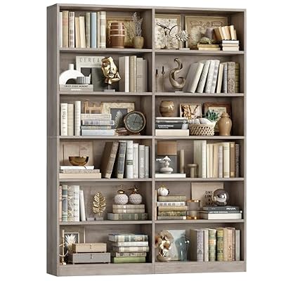 FACBOTALL Bookshelf and Bookcase, 6-Tier Double Wide Bookshelves, Freestanding Display Storage Shelves, Tall Bookcases for Home Decor Bedroom, Living Room, Home Office, Wash Gray
