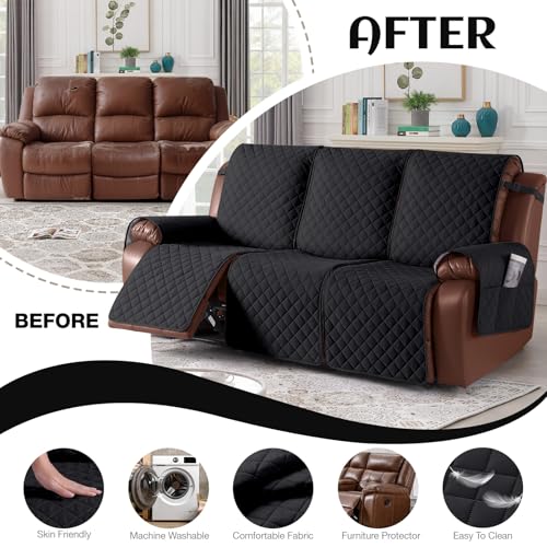 Image of KinCam Recliner Sofa Covers for 3 Seat, 100% Waterproof Reclining Couch Covers, Non-Slip Recliner Couch Cover Furniture Protector with Elastic Straps for Pets, Kids, Black
