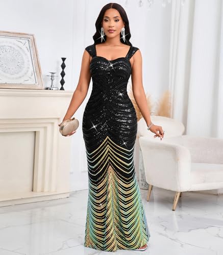 Image of dasmzper Women's Sequin Evening Gown - Elegant Sleeveless V Neck Mermaid Formal Maxi Dress for Wedding, Prom or Party