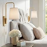 360 Lighting Luca Modern Swing Arm Wall Lamps Set of 2 Warm Brass Metal Plug-in Light Fixture White Fabric Drum Shade for Bedroom Bedside House Reading Living Room Home Hallway Dining