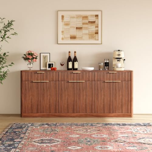 Image of Evermagin 67 inch Fluted Walnut Sideboard Buffet Cabinet with 3 Drawers, Modern Credenza with Storage, Console Coffee Bar Cabinet for Kitchen, Living Room and Entryway (67 inch W x 31.5 inch H x 15.7 inch D)