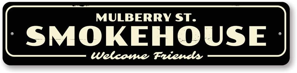 Smokehouse Street Name Welcome Friends BBQ Kitchen Aluminum Sign - 6" x 24"