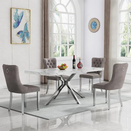 Modern Dining Table Set for 4, 70 in Rectangular Faux Marble Table with Silver Stainless Steel X Base, 4 Grey Velvet Tufted Chairs, 5 Piece Luxury Dining Table Set for Kitchen Dining Room, Apartment