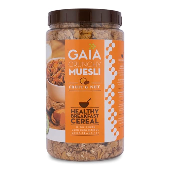 Gaia Crunchy Muesli Fruit and Nuts a Mix of Wholesome Breakfast Cereals Packed with Fibre, Iron and Antioxidants Serves As the Nourishing, Tasty Breakfast Option. 1KG Jar Pack