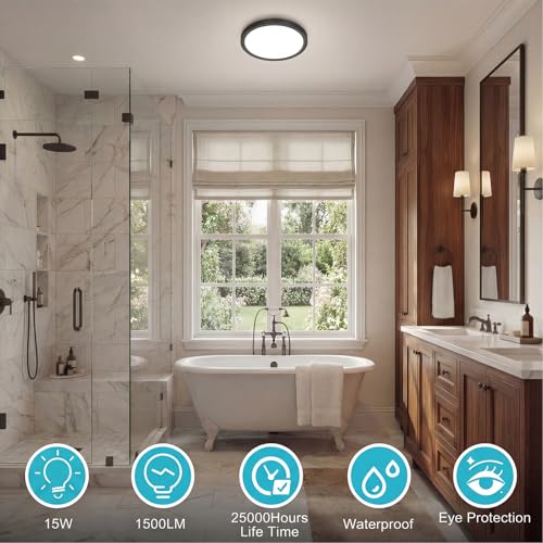 Image of libtit 7 inch Flush Mount LED Ceiling Light Fixture, 3000K-6500K Adjustable, 15W 1500lm Black Satin Round Ceiling Lamp for Bathroom Hallway Kitchen Bedroom, 6 Pack