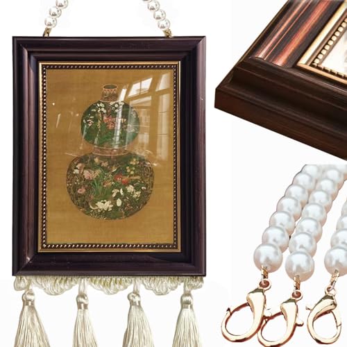 Vintage Oriental Gourd Vase Framed Wall Art, 7" x9 inch Chinese Floral Vase Painting Print with Pearl Chain & Tassel, Lucky Gourd Home Decor for Living Room Bedroom