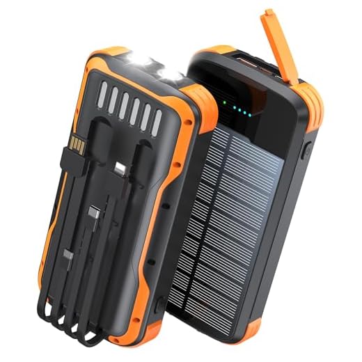 SOXONO Solar Charger Power Bank, PD 20W Fast Charging External Batter, 40000mAh Portable Phone Charger Built in 4 Cables with Dual Bright Flashlights for Camping, Hiking, and Outdoor Use