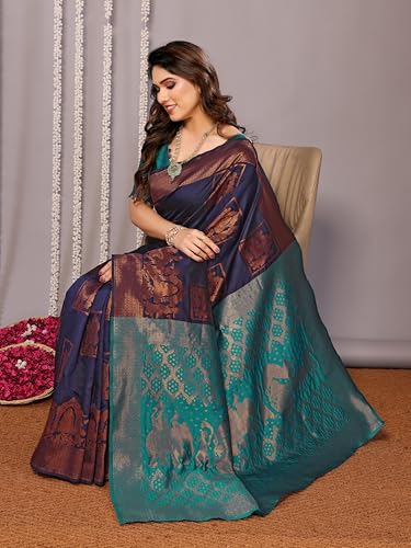 Image of Women's Printed Pattern Kanjivaram Soft Silk Saree with Unstitched Blouse Piece and Jacquard Weave Type