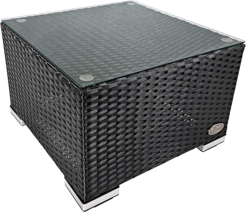 RS Trade® Toscana Polyrattan Rattan Beistelltisch für Sonnenliege – Aluminium-Gestell, Sicherheitsglas-Tischplatte, belastbar bis 90 kg, höhenverstellbare Standfüße; Schwarz