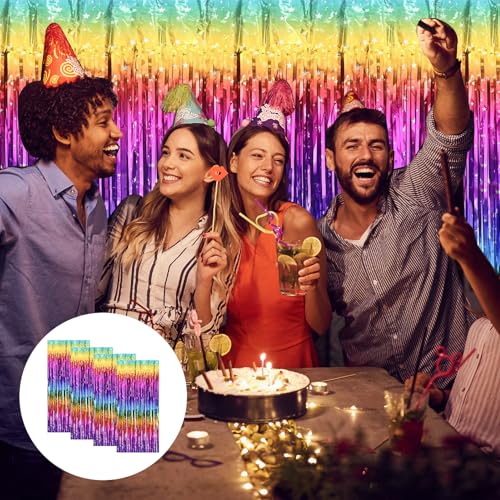 4 Stück Lametta Vorhang Bunt, Regenbogen Glitzer Vorhang Geburtstag, 2m Irisierende Glitzervorhang Lametta zur Foto Hintergrund Wand, Party Vorhänge Deko, Weihnachten, Abschlussball, Geburtstagsparty