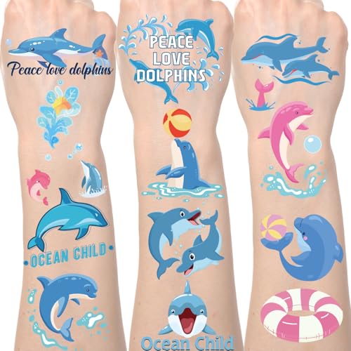 Lovarywow Dolphin Temporary Tattoos Stickers - 200+ Dolphin Temporary Tattoo Kids Ocean Animals Themed Party Decorations Sea Themed Party Fevors Cute Temporary Tattoos Party Supplies Rewards Prizes