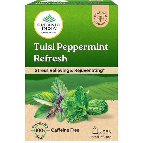 Image of ORGANIC INDIA Tulsi Peppermint Refresh 25 Tea Bags || Stress Relieving & Rejuvenating || Feeling Refreshed || Tulsi Tea - 25 Tea Bags