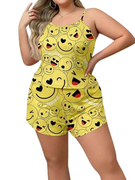 Women's Emoji Print Cami and Shorts Co-Ord Pajama Set | Soft Breathable Summer Nightwear | Sleeveless Casual Sleepwear & Lounge Wear for Women-picture-50