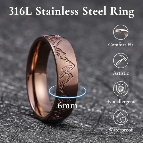 King Will 316L Stainless Steel Wedding Ring for Men Women-6/8mm Nature Collection with Mountain, Waves, Sunrise, Forest Pattern Multicolor Available Comfort Fit Size 7-142