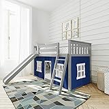 Max & Lily Low Bunk Bed with Slide and Blue Curtains, Twin, Grey