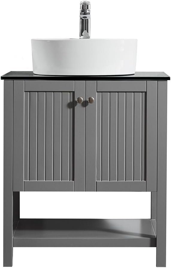Vinnova 756028-GR-BG-NM Modena 28” Vanity In Grey with Glass Countertop with White Vessel Sink Without Mirror