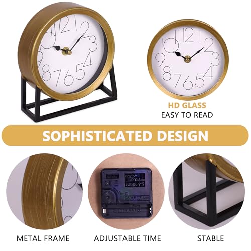Modern Golden Table Clock on Stand, Decorative Desk and Shelf Clock, Mantel Clock Farmhouse Clock Non-Ticking, Home Décor for Living Room, Bedroom, Bedside, Desk, Gift Clock (Gold) - Image 3