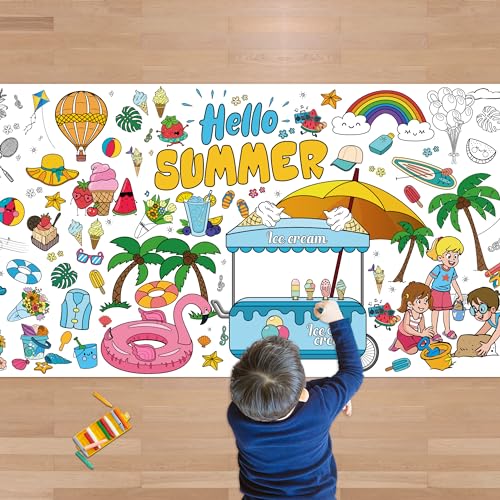 OHOME Summer Giant Coloring Poster/Tablecloth - Summer Decorations - 30 x 72 Inches Jumbo Paper Coloring Banner - Kids Crafts Gifts Toys Games Ice Cream Party Decorations - Arts Crafts Supplies
