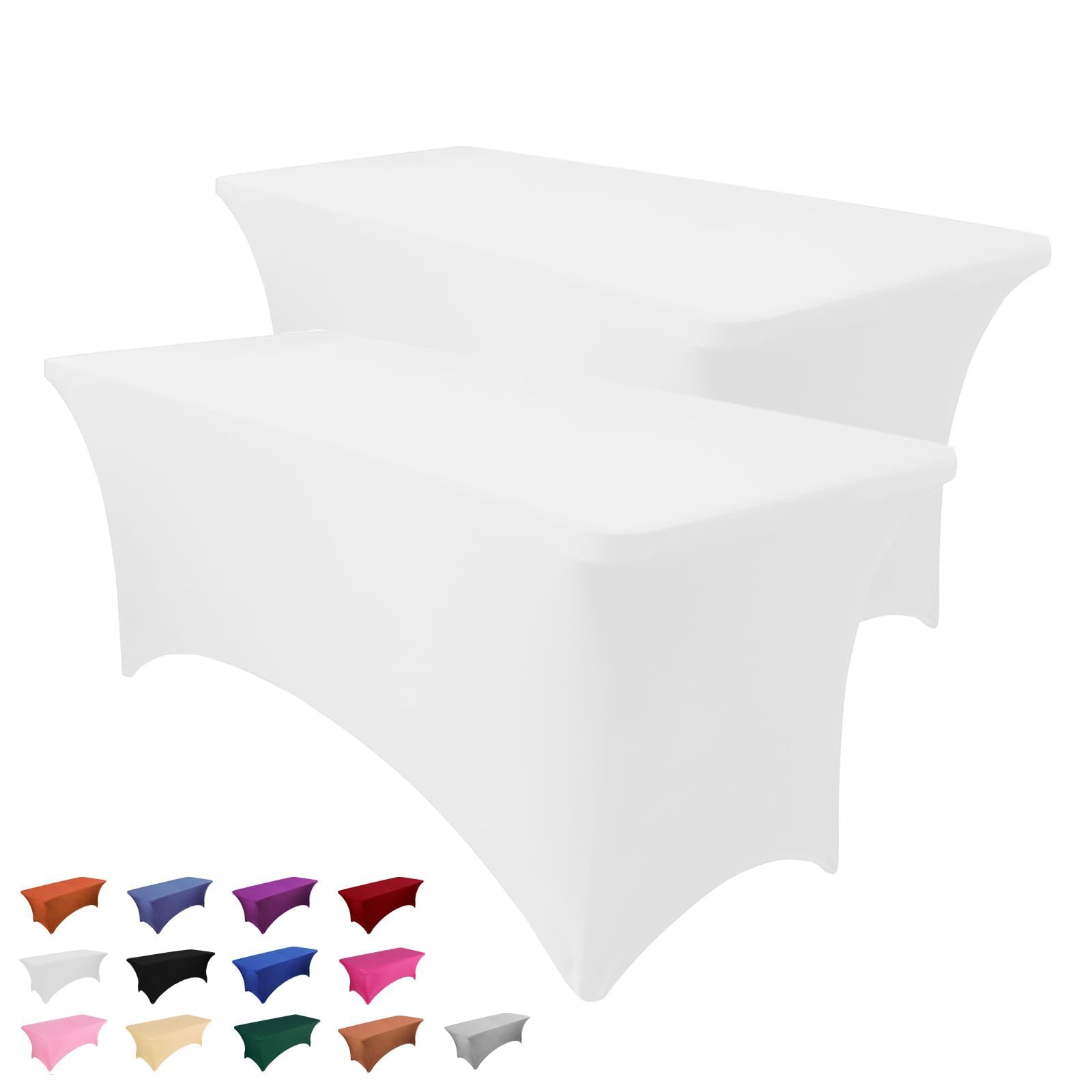 2 Pack 8FT Table Cloth for Rectangle Table White Tablecloth Rectangular Fitted Stretch Spandex Table Covers 8 ft for Birthday, Cocktail, Wedding, Banquet Spring Summer Outdoor Party