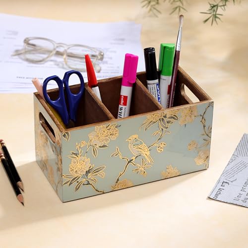 Image of DULI Multipurpose Stand, Cutlery Holder, Spoon Stand, Table Organizer with 2 Sections, Chammach Stand (10cm x 15cm) (3 Section: AquaGoldBirds)
