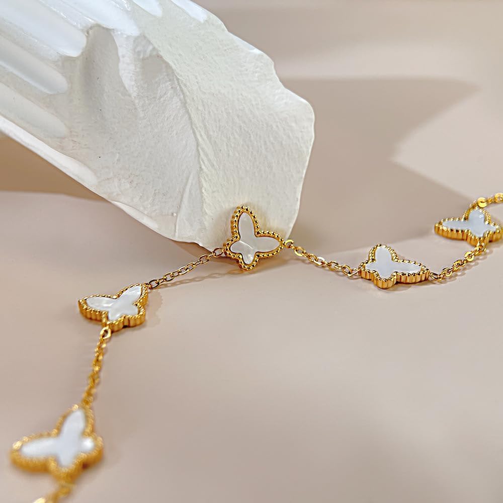 Lucky Butterfly Bracelet Designer Dupes, 18k Gold Plated Minimalism Double-Sided Mother Of Pearl Shell Dainty Adjustable Chain Bracelet For Women Fashion Jewelry Gift