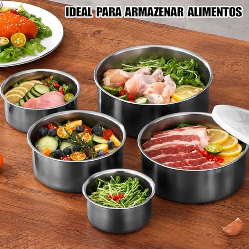 Conjunto de Potes Bowls em Aço Inox - 5 Peças c/Tampa Versátil para Cozinha Moderna