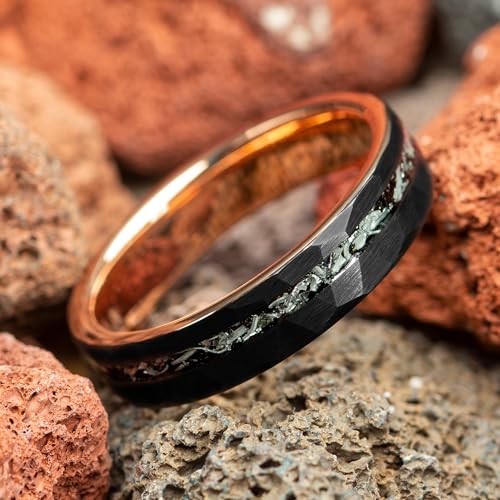 Custom Engraved Women's Wedding Ring Black Hammered Rose Gold Tungsten Meteorite Inlay, Personalized Wooden Ring Box - 5mm Comfort Fit3