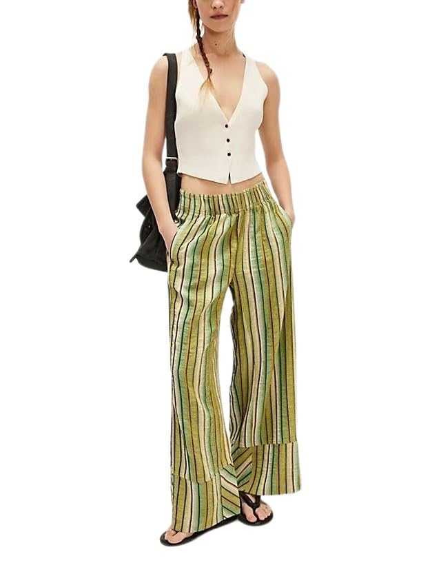Women's Striped Wide Leg Lounge Pants Boho Elastic Waist Loose Casual Trousers with Pockets