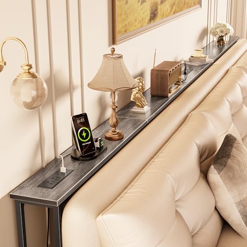 Image of Huuger 118 Inch Sofa Table with Power Outlets, Skinny Behind Couch Table | 5.9 Inch Narrow Entryway Table, Extra-Long Console Table, Behind the Couch Table with Outlet for Living Room, Grey