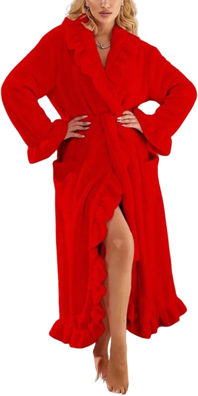 codcm Women's Flannel Robe Fuzzy Soft Ruffle Ankle Length Fleece Robes Fashion Long Sleeve Sleepwear with Side Pockets
