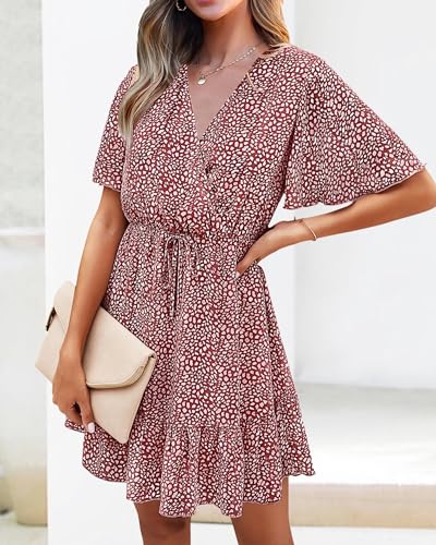 KIRUNDO Womens Summer Dresses 2026 Casual Spring Short Sleeve V Neck Ruffle Floral Print High Waist Belted Flowy Mini Dress(Red, Large) — view 6