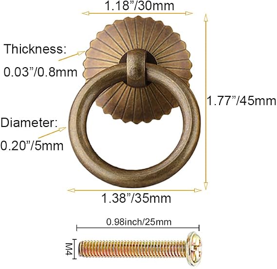 4Pcs Chinese Style Antique Brass Ring Pull Handle Kitchen Cabinets Wardrobe Drawer Furniture Hardware Retro Style Small Pull Ring (Antique Bronze)