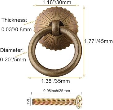 4Pcs Chinese Style Antique Brass Ring Pull Handle Kitchen Cabinets Wardrobe Drawer Furniture Hardware Retro Style Small Pull Ring (Antique Bronze)