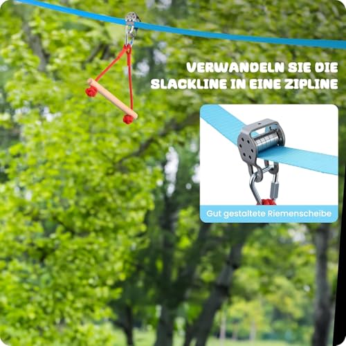 Hapfan 2 X 50ft Slackline Set Kinder mit Seilrolle, Hindernisse Set mit Klettergerüst Kletterstangen Kletterleiter Turnringen Gymnastikringe Baumschutz (Blau)