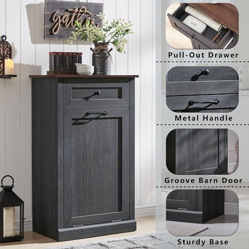 Image of IFGET Tilt Out Trash Can Cabinet, Trash Cabinet w /Drawer, Dark Grey