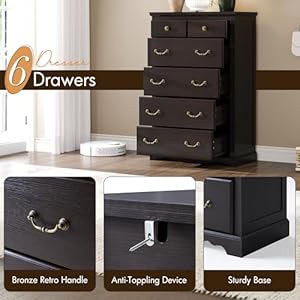 Farmhouse 6 chest of drawers for bedroom 48 tall wood dresser with bronze retro handles 3d drawer fronts closet dresser for bedroom hallway espresso  urban country home decor