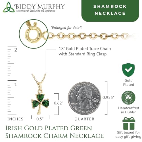 Biddy Murphy Irish Gifts Irish Green Shamrock Charm Necklace Gold Plated, Lucky Emerald Green, Celtic Jewelry, Imported3