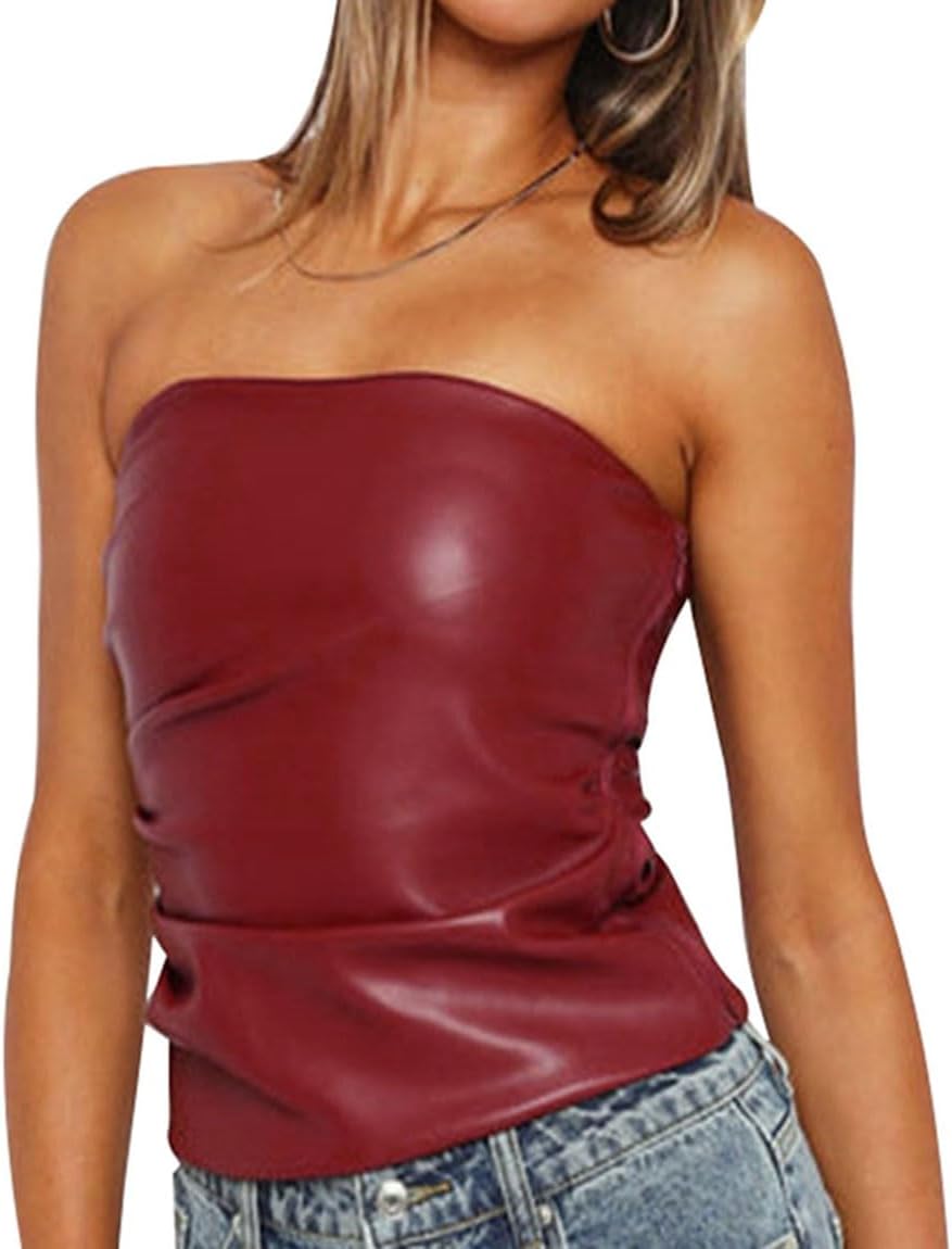 PU Leather Tube Top Strapless for Women Sexy Bandeau Vest Ruched Bustier Crop Top Streetwear - Image 9
