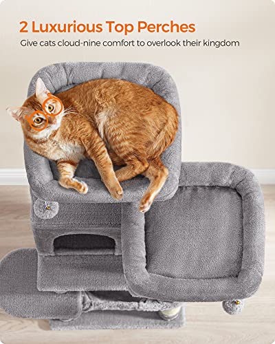 Feandrea Cat Tree, 44.1-Inch Cat Tower for Indoor Cats, Multi-Level Cat Condo with 11 Scratching Posts, 2 Perches, Cave, Hammock, Light Gray UPCT215W01