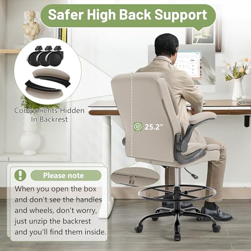 Image of 500LBS Drafting Chair, High Back Safer Standing Desk Chair, Executive Tall Office Chair with Flip-up Armrests, Upholstered PU Leather Task Chair, Ergonomic Seat with Adjustable Height&Foot Ring,Beige