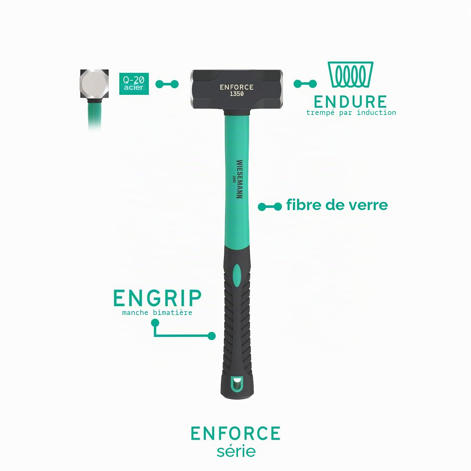 Massette très longue 3LB (1,3 kg) avec manche en fibre de verre 2K par WIESEMANN 1893 | gamme ENFORCE | tête forgée et trempée par induction | 80478