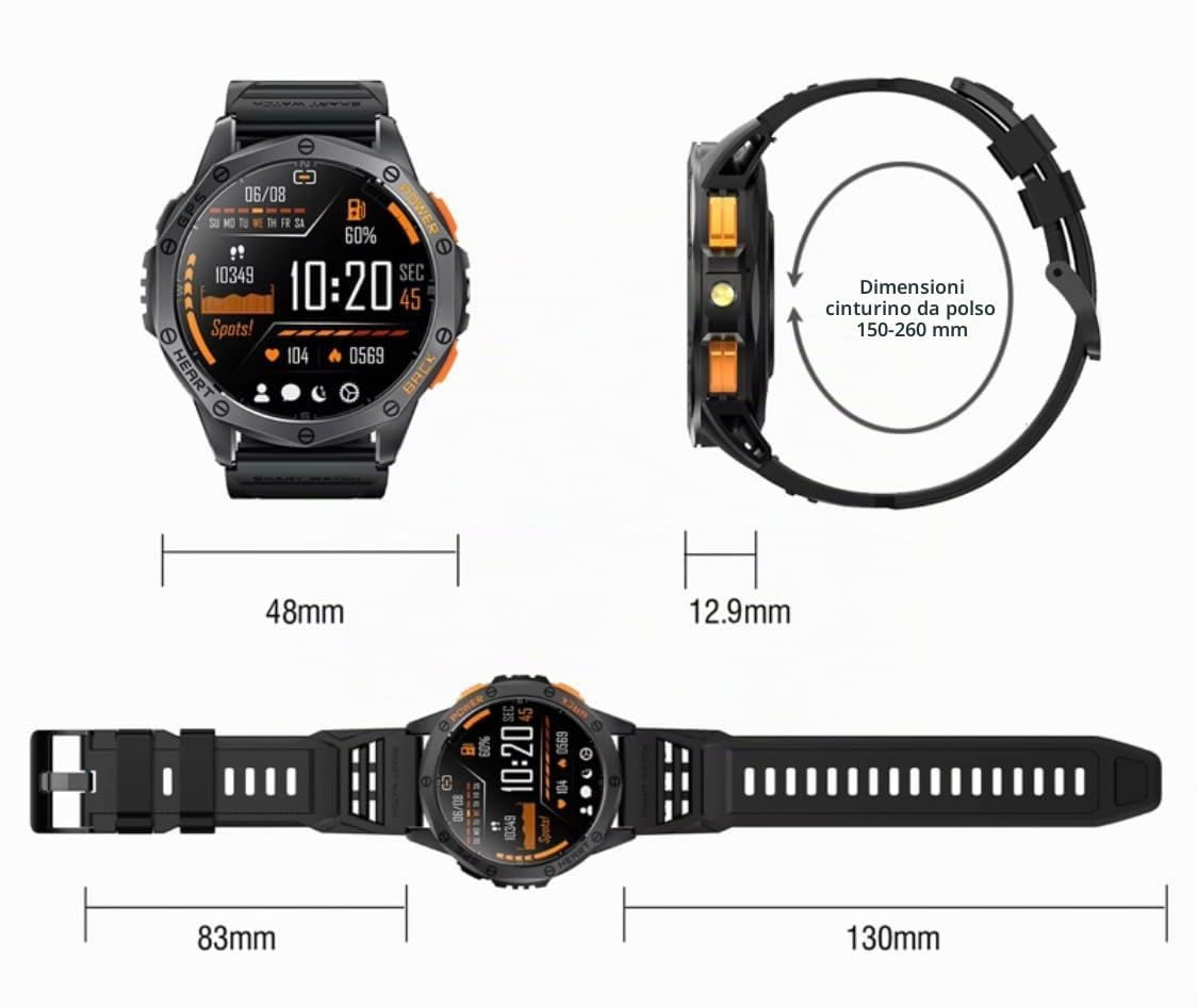 Orologio intelligente da uomo militare con GPS, torcia elettrica, impermeabile, 50 m, 530 mAh, schermo da 1,43 pollici, AMOLED 460 x 460, SmartWatch Sport Monitor per la salute
